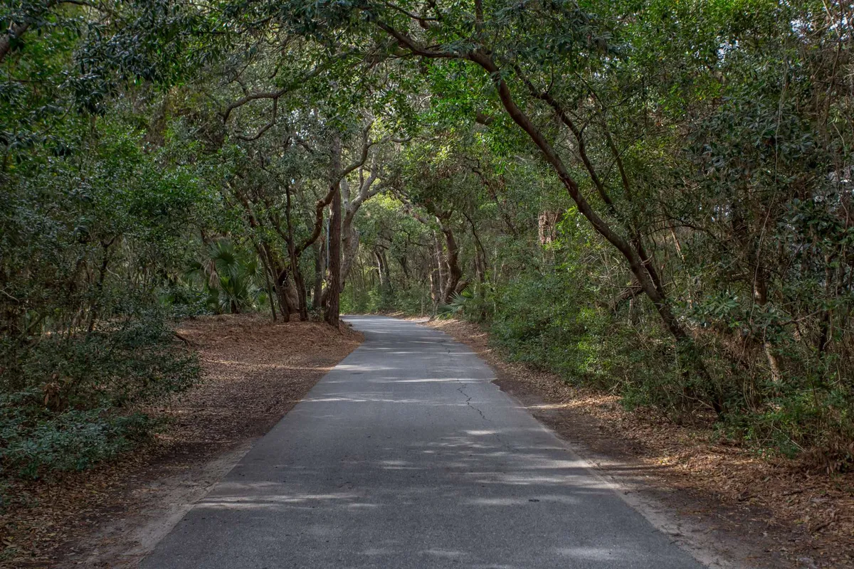 A tree-lined, shaded pathway winds through natural foliage, inviting residents to walk or bike along its tranquil route. The lush greenery and dappled sunlight create a peaceful atmosphere.