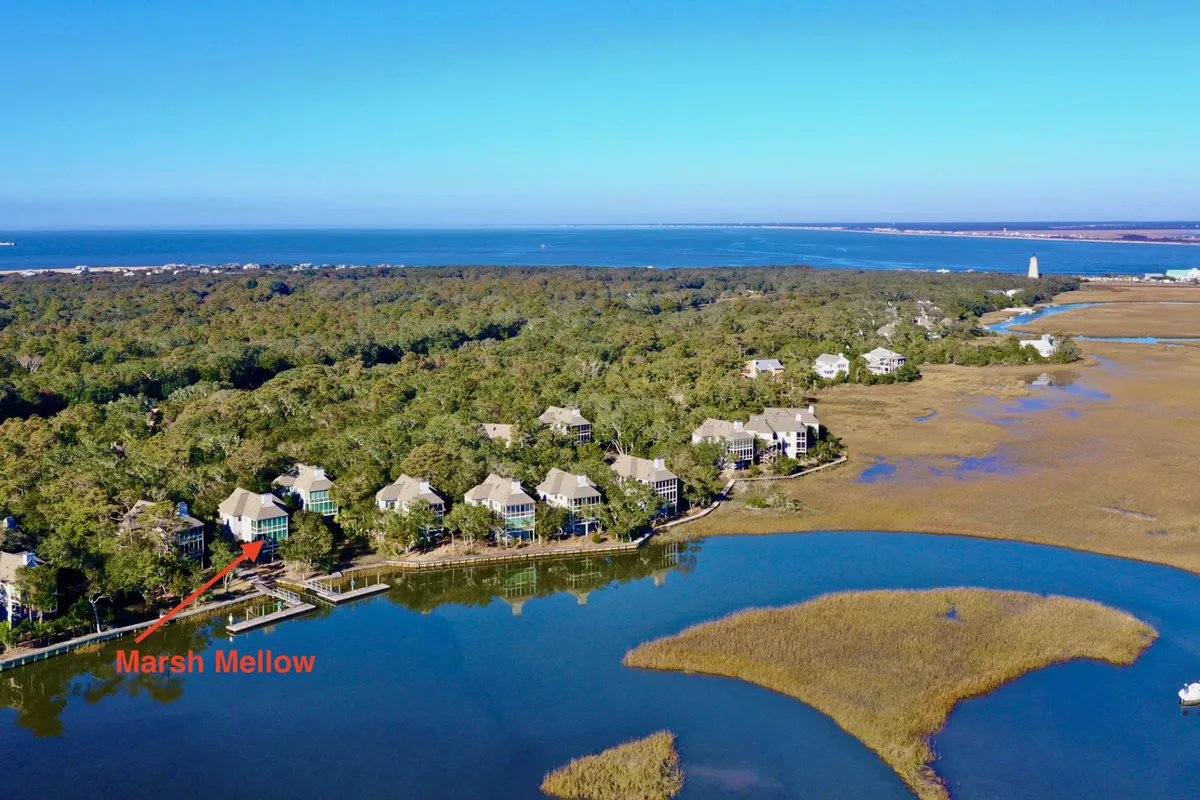 A sweeping view of Marsh Mellow and neighboring waterfront homes nestled along the marshland, with the ocean and trees in the background. The scene combines human presence with untouched nature, hinting at outdoor adventures like kayaking, fishing, or simply relaxing by the water.
